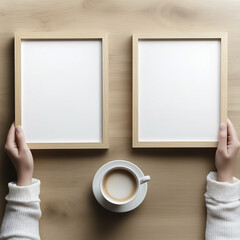 Two Light Large Wooden Frame Blank Mockups on Table with Coffee Cup and Scandinavian Style