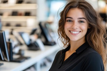 Obraz premium A young woman with a warm smile engages with customers in a modern retail environment, embodying friendliness and approachability amidst stylish displays of merchandise.