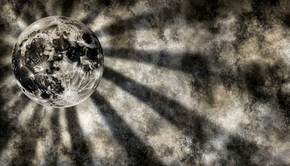 Dramatic grayscale image of a full moon radiating light through a textured, cloudy sky. Perfect for fantasy, gothic, or celestial themes.