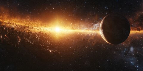 Obraz premium Panoramic banner depicting a captivating star and exoplanet transit scene, showcasing the mesmerizing interplay of celestial bodies in this stunning star and exoplanet transit visualization.