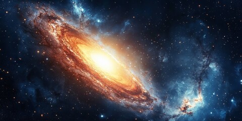 Fototapeta premium A spiraling galaxy emits brilliant light, set against a canvas of sparkling stars, alive with energy and swirling cosmic gases surrounding its core.