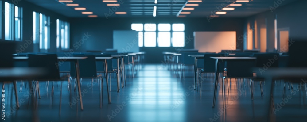 Poster an empty defocused university class. robotics powered by stock. business conference room. school roo