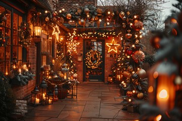 Enchanting festive decorations illuminate a cozy walkway during the holiday season