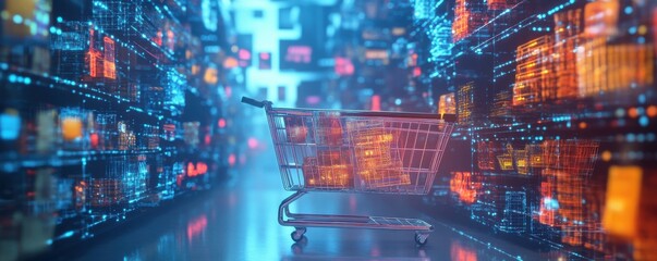 An ethereal data-driven cyber market with hovered shopping carts on Cyber Monday