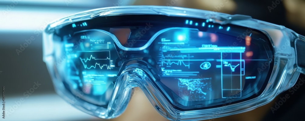 Poster an holographic interface displays real-time health data and vital metrics in a futuristic bionic eye