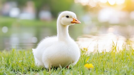 Obraz premium Adorable fluffy white gosling sitting in vibrant green grass near a calm pond at sunset.