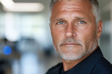 A male police officer with striking blue eyes and a serious expression shows confidence, ready to protect and serve in a modern and professional environment.