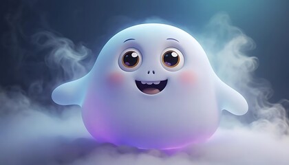 Cute cartoon ghost floats in a cloud of smoke.