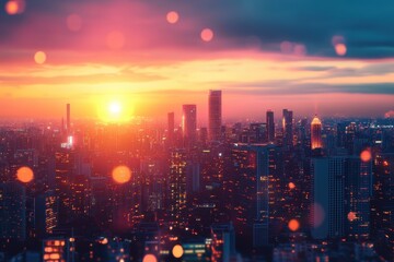 Fototapeta premium City skyline illuminated by vibrant sunset over tall buildings during evening hours