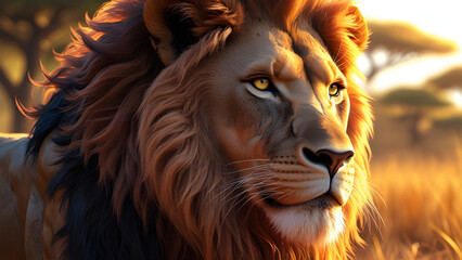 Fototapeta premium Majestic Lion in the Golden Afternoon A Hyper-Realistic Portrait