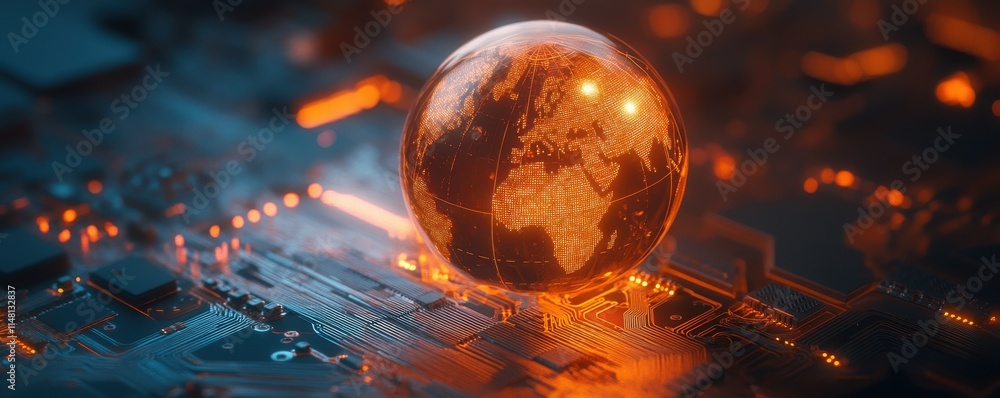 Poster an illuminated digital globe with continent highlights sits on an illuminated circuit board, perfect