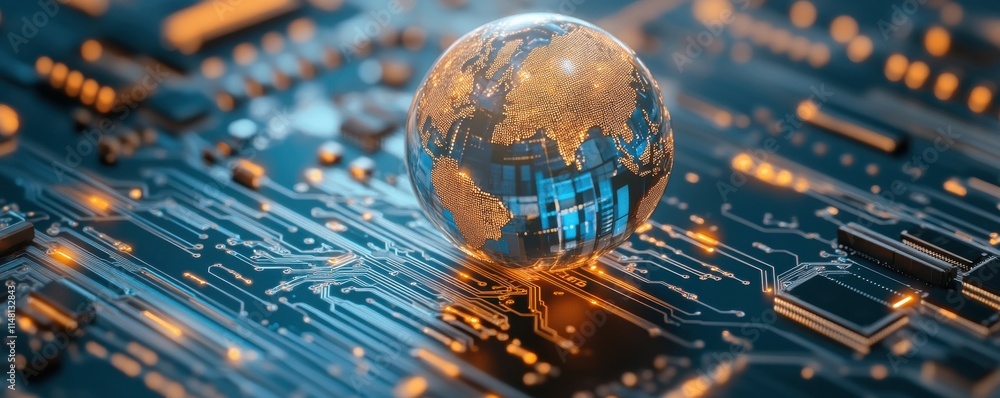 Poster an illuminated digital globe with continent highlights sits on an illuminated circuit board, perfect