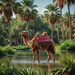 A stunningly colorful camel surrounded by a lush green oasis, with palm trees and sparkling water.
