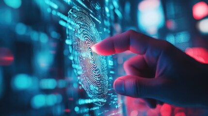 Close up of businessman thumb pointing at abstract glowing id fingerprint web protection and security interface on blurry blue bokeh city background. Identification, cybersecurity and privacy concept