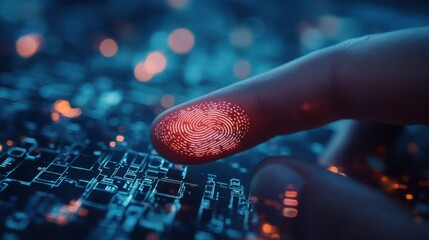 Close up of businessman thumb pointing at abstract glowing id fingerprint web protection and security interface on blurry blue bokeh city background. Identification, cybersecurity and privacy concept
