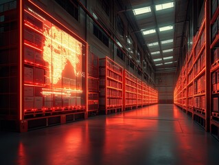 Realtime inventory updates on digital screen with shipping data, close up, global trade theme, dynamic, manipulation, map background backdrop