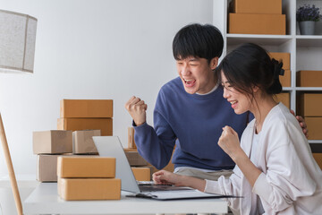 Happy Couple Running a Small Online Business from Home, Celebrating Success with Laptop and Cardboard Boxes, E-commerce Entrepreneur Working Together in Modern Home Office