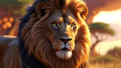 Naklejka premium Majestic Lion in the Golden Afternoon A Hyper-Realistic Portrait