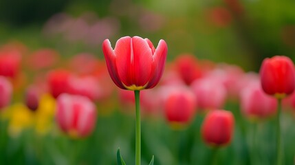 Obraz premium A vibrant field of pink tulips in bloom, showcasing nature's beauty and color diversity.