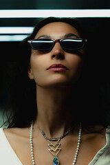 Confident caucasian young female with sunglasses in modern lighting