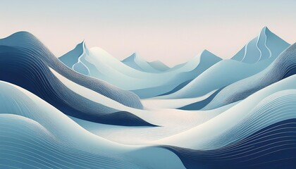 Abstract blue wavy landscape with rolling hills and mountains