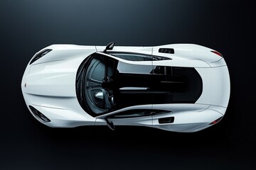 Top view of a sleek white sports car with aerodynamic design and black accents.