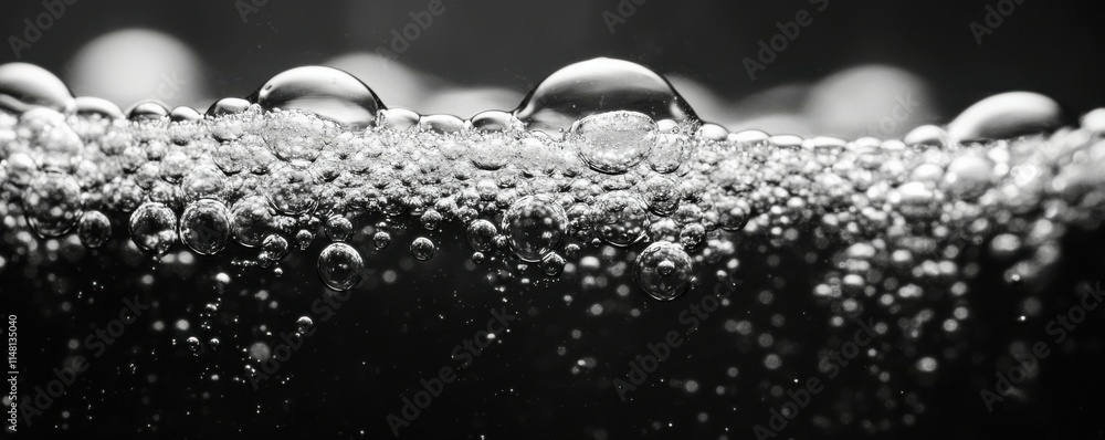 Poster an image of close-up soda water bubbles fizzing up on black background to represent the explosion of