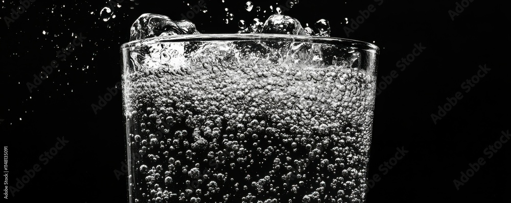 Poster an image of close-up soda water bubbles fizzing up on black background to represent the explosion of
