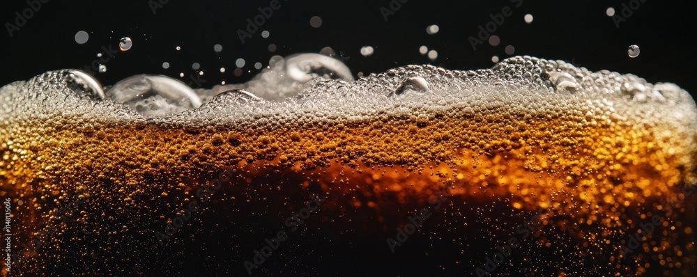 Poster an image of close-up soda water bubbles fizzing up on black background to represent the explosion of