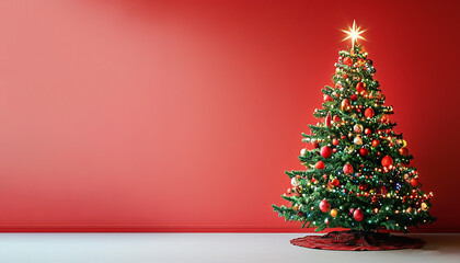 Christmas tree with ornaments and lights against a red background. Festive holiday season concept.