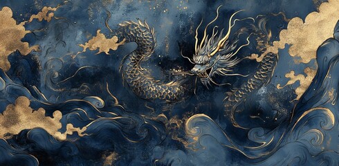 Dark Blue and Gold Dragon in Ink Art with Flowing Water Waves. AI generated illustration
