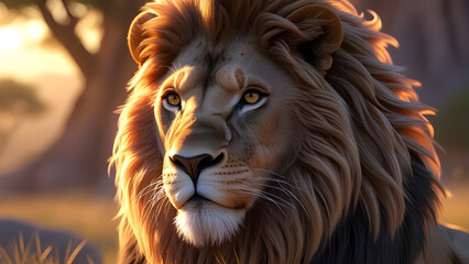 Naklejka premium Majestic Lion in the Golden Afternoon A Hyper-Realistic Portrait