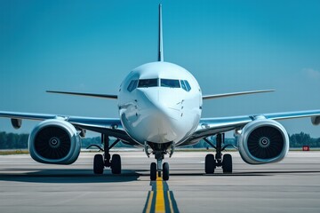 Fototapeta premium A modern passenger airplane on the runway, facing the camera with clear blue skies in the background. The aircraft features large engines and a sleek design, emphasizing aviation technology.
