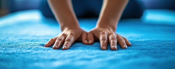 Obraz premium An individual is seen pressing both hands down on a soft blue surface, possibly indicating that a massage, physical therapy, or examination is taking place.