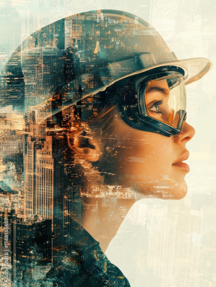 Aufkleber profile of a person in safety gear against an abstract city backdrop with copy space for text or gra