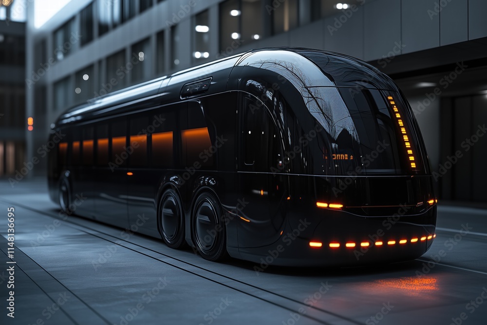 Poster a futuristic black bus with sleek design and glowing orange lights parked in a modern urban setting.