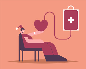 Santa Girl in a medical facility with medical equipment donates blood. Festive decor of the clinic. Flat vector illustration.