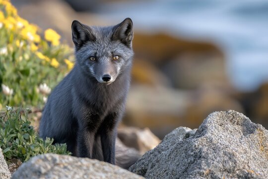 Silver fox sitting on rocks near coastline with flowers