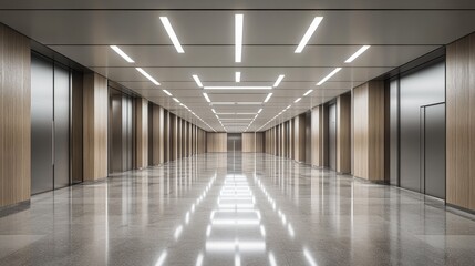 Fototapeta premium A modern corridor with polished floors and wooden accents, designed for commercial use.