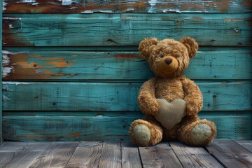 Obraz premium Soft teddy bear with heart-shaped cushion resting against a worn wooden backdrop in a cozy setting