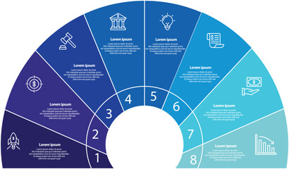Collection of vector semi circle chart infographic templates for presentations, advertising, layouts, annual reports. 8 options, steps, parts	