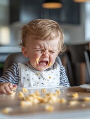 Frustrated toddler crying over spilled food in kitchen at mealtime