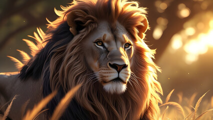 Fototapeta premium Majestic Lion in the Golden Afternoon A Hyper-Realistic Portrait