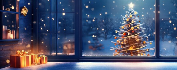 An interior design with a Christmas tree on a dark blue wall background. Christmas banner.