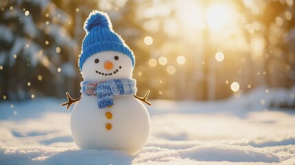 Happy smiling snowman with a blue hat and scarf, standing on white snow in a winter landscape. AI generated illustration.