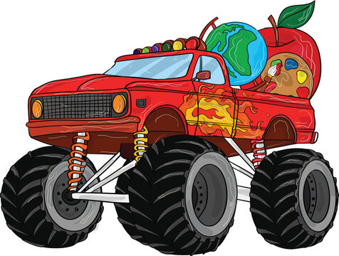 Red Monster Truck with Flame Patterns Carrying an Apple, Globe Model, 100 Days of School, Back to School. Art & Illustration