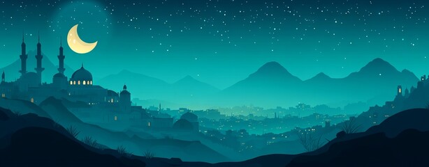 Cartoon landscape of a night city with a mosque, mountains, and a moon in a turquoise palette. AI generated illustration.
