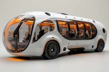 A futuristic, transparent bus design featuring a sleek, rounded shape with large windows and orange accents. The interior showcases modern seating arrangements and advanced technology.