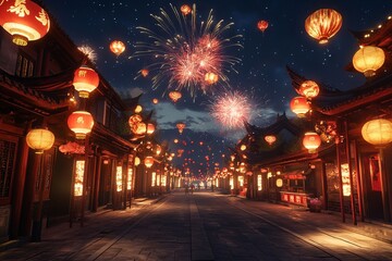 Chinese New Year Celebration: Fireworks Over Ancient Street with Lanterns and Traditional Architecture. AI generated illustration