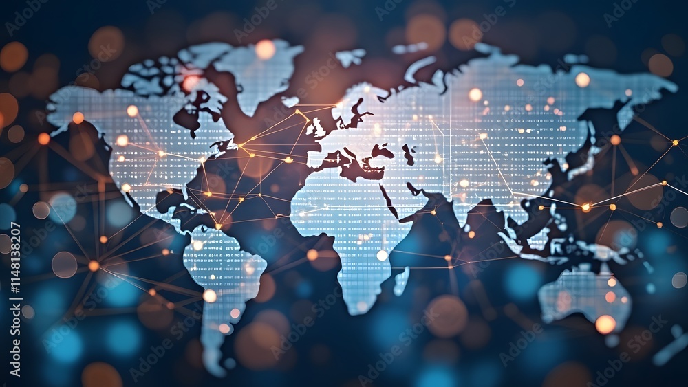 Aufkleber global network connection concept. businessman with world map on blue background. generated by ai